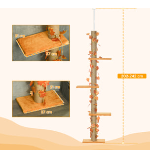 Pawhut Árbol para Gatos de Suelo a Techo de 202-242 cm Torre para Gatos con 3 Plataformas Postes Rascadores Altura Ajustable y Decoración de Hoja de Arce Naranja