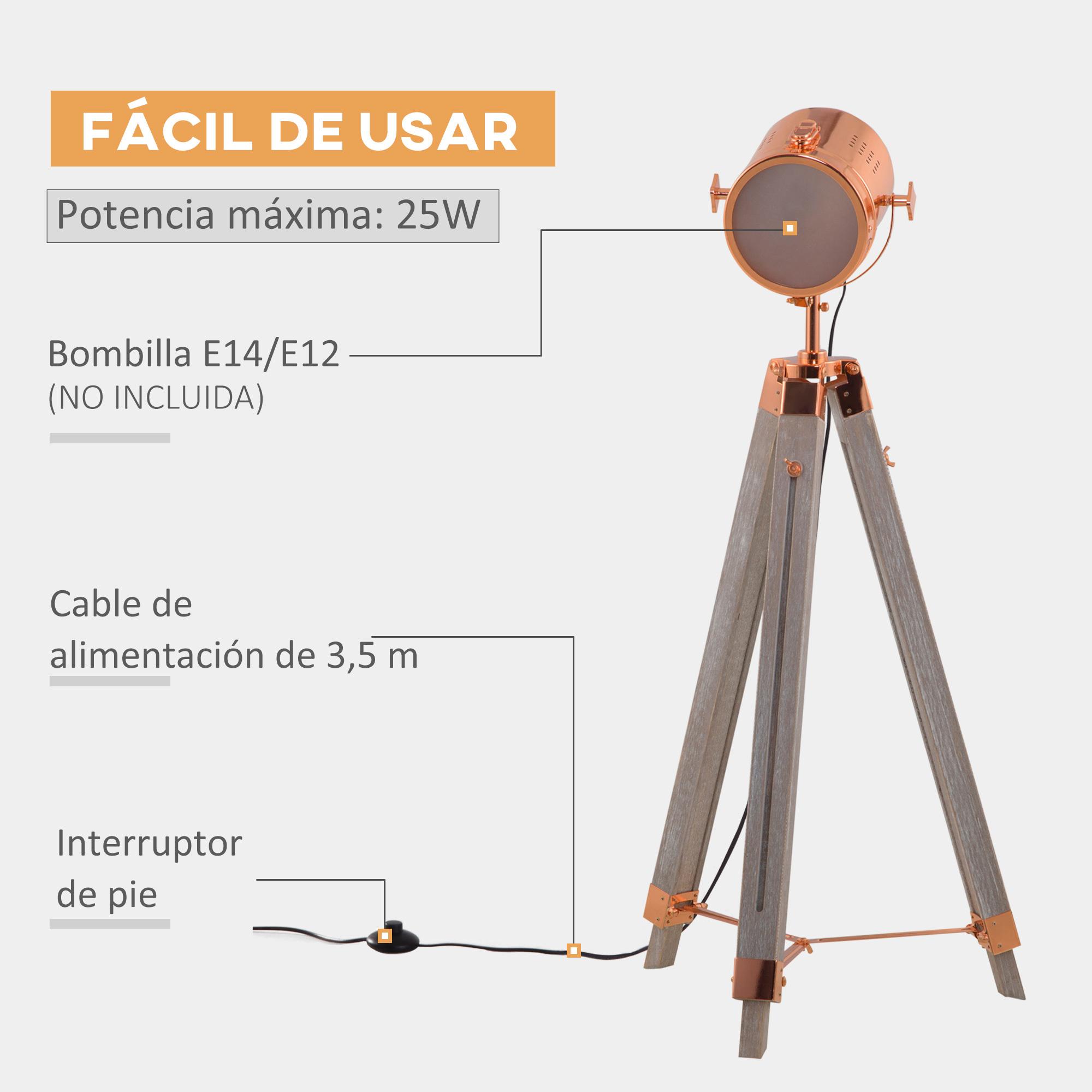 HOMCOM Lámpara de Pie con Trípode de Madera Casquillo E14 Máx. 25W IP20 Altura Ajustable Interruptor de Pie Lámpara de Suelo para Salón Dormitorio Oficina 65x65x100-140 cm Oro Rosa