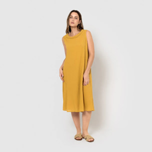 Vestido midi cuello drapeado algodón lino ocre