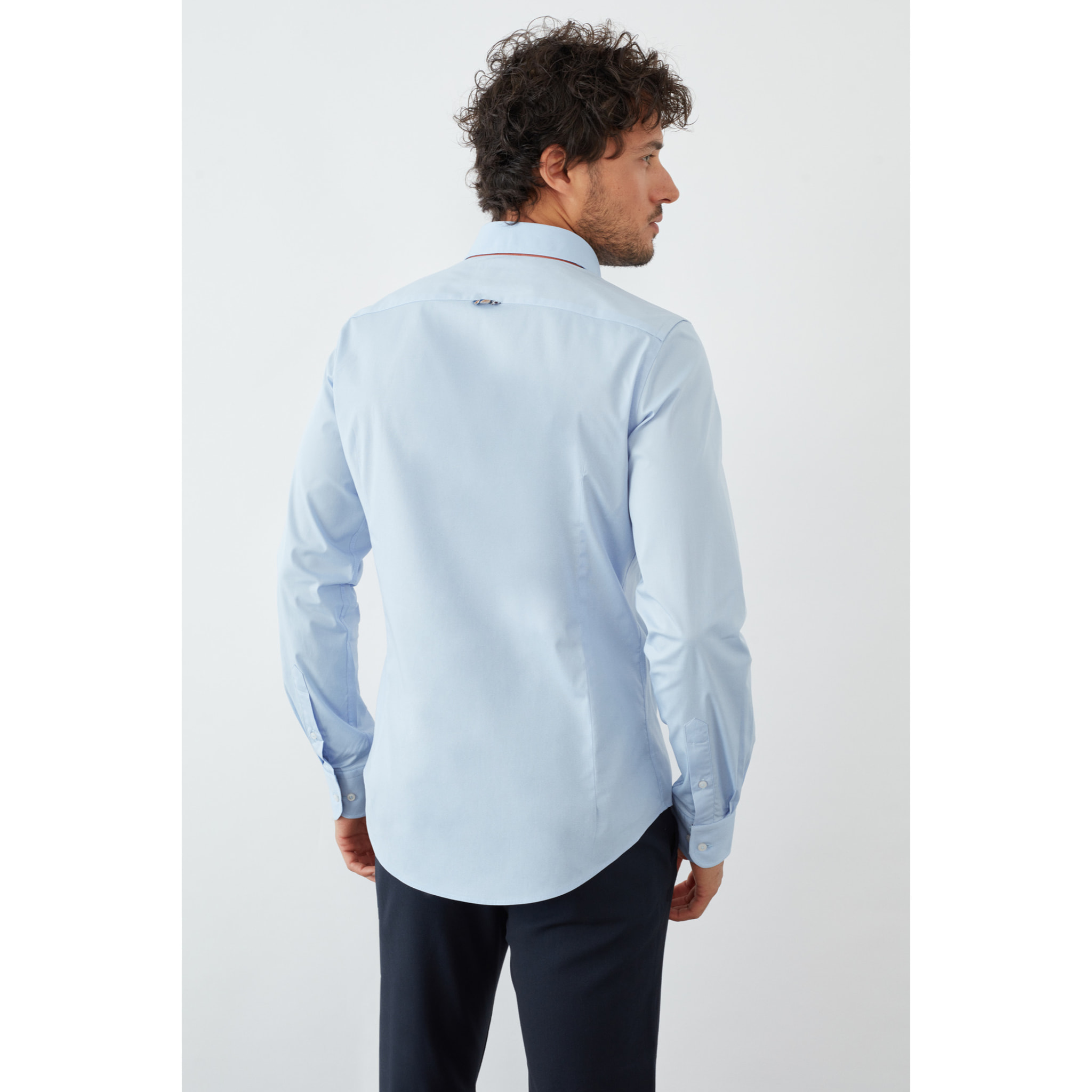Camicia Uomo 1 Bottoni Button Down Slim Popeline Stretch Unito Celeste