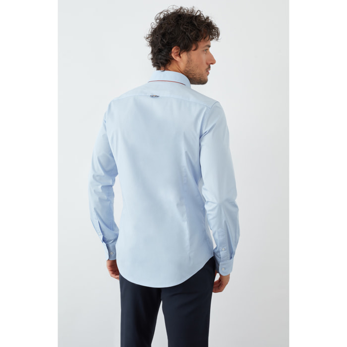 Camicia Uomo 1 Bottoni Button Down Slim Popeline Stretch Unito Celeste