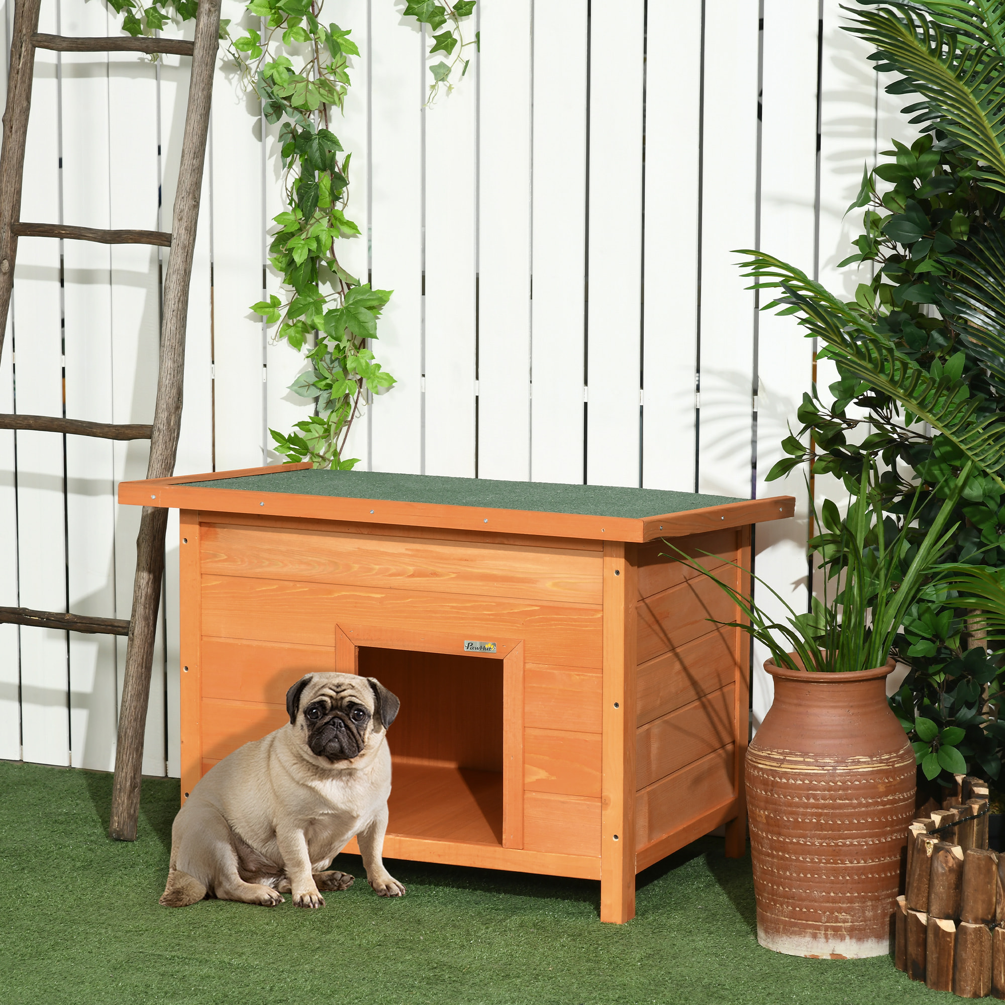 Niche chien sur pied dim. 85L x 58l x 58H cm - toit ouvrant bitumé vert - bois sapin pré-huilé