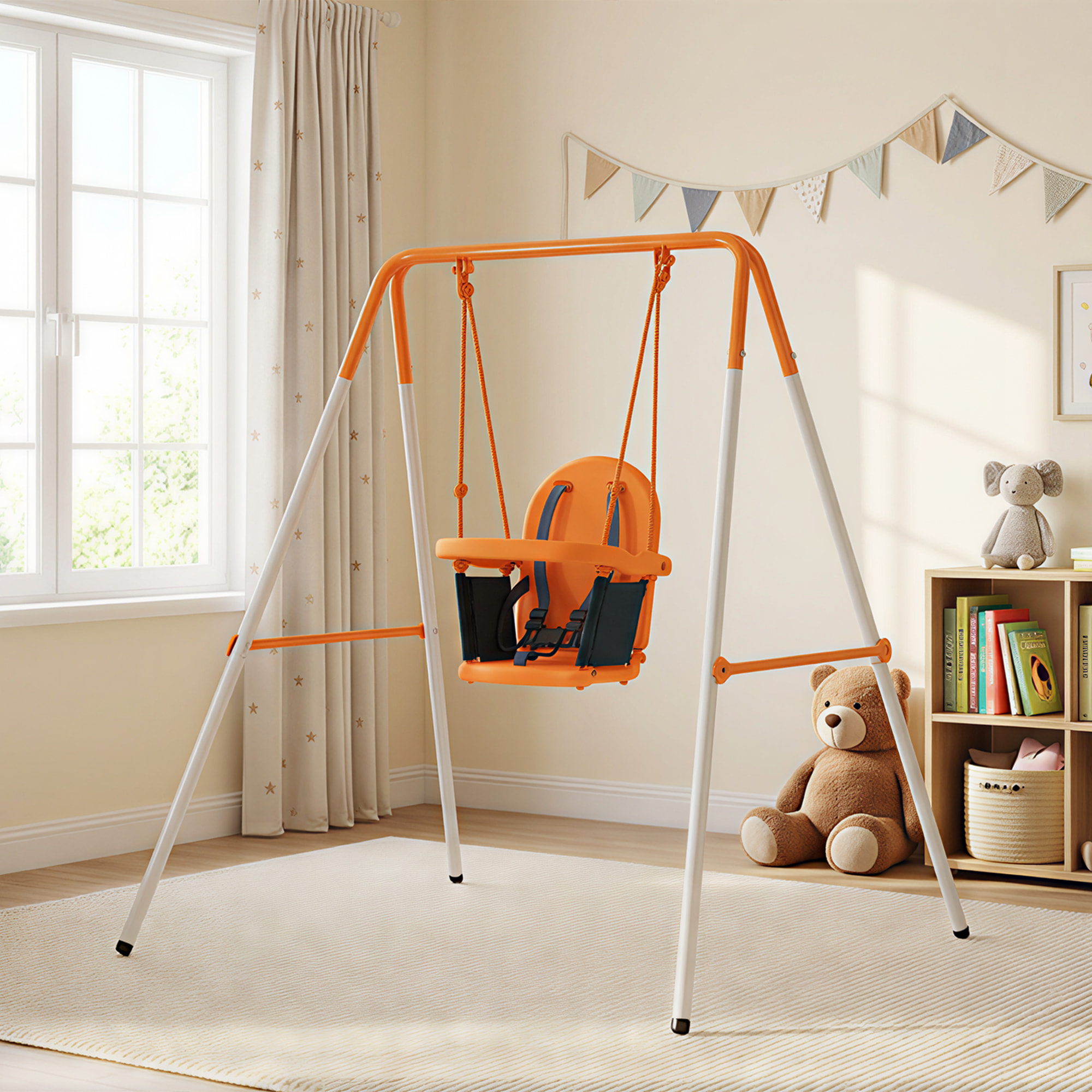 Columpio para Bebés, Columpio Jardín Exterior de Acero con Respaldo, Cinturón de Seguridad, Marco Forma A, para Niños de 6-36 Meses, para Interior y Exterior, Carga 25 kg, Naranja