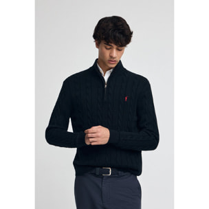 Maglione blu marino in filo intrecciato in misto lana con mezza cerniera e ricamo Rigby Go