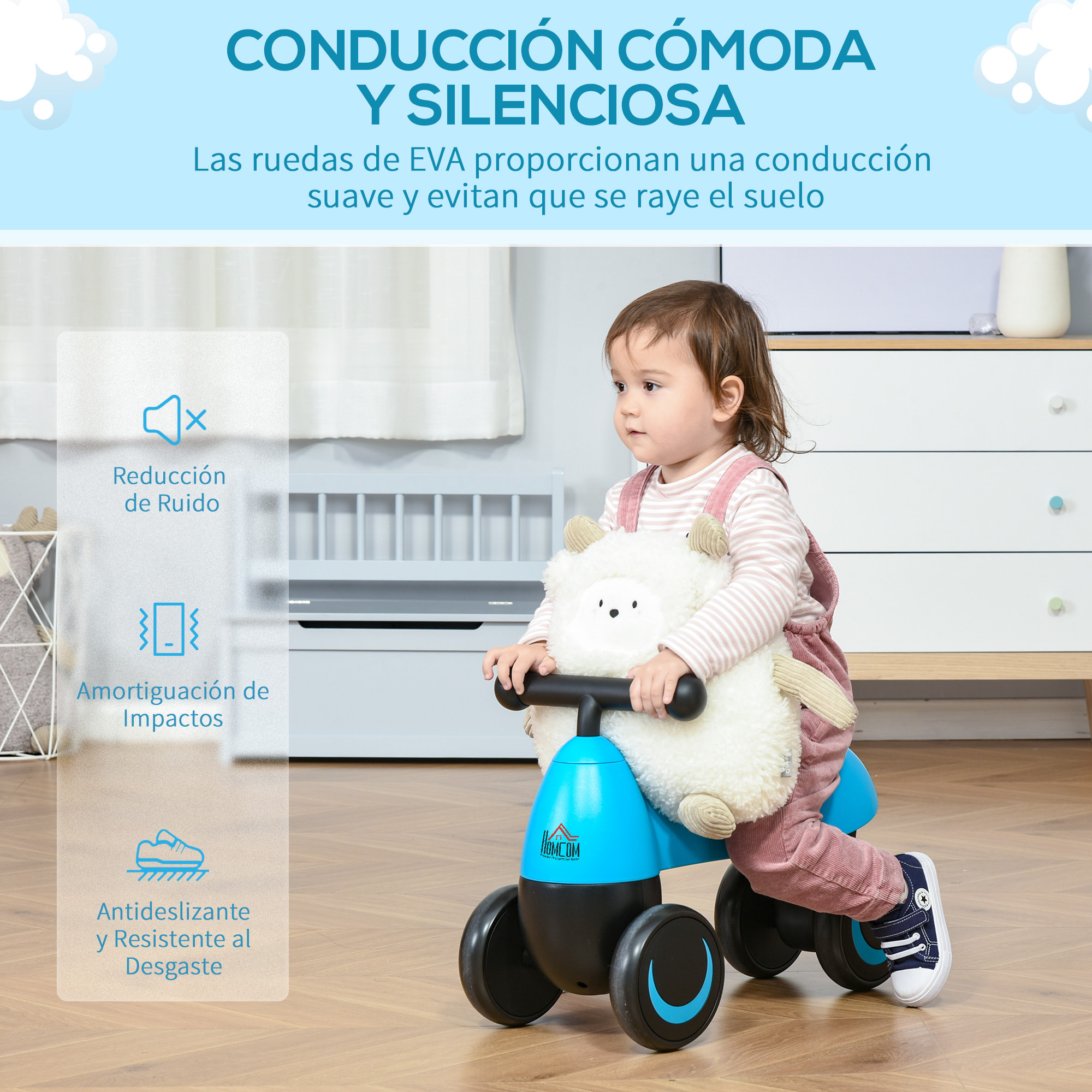 Correpasillos de Equilibrio Niños 18-36 Meses con 4 Ruedas Regalo 54x26x38cm Azul