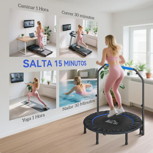 Trampolín de Fitness Adultos Ø114 cm, Cama Elástica Plegable con Mango Ajustable de 4 Niveles, Marco de Acero, para Entrenamiento Piernas, Cuerpo en Hogar, Oficina, Gimnasio, Azul y Negro