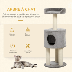 Arbre à chat griffoirs sisal naturel arbre à grimper H.103 cm niche plateforme d'observation peluche grise