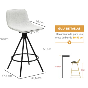 Juego de 2 Taburetes Altos de Cocina con Asiento Giratorio Taburetes de Bar Tapizada en Tacto de Lino con Respaldo y Patas de Acero para Comedor 41,5x47,5x90 cm Gris Claro