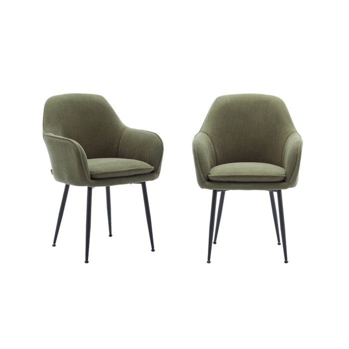 Lot de 2 fauteuils en velours côtelé kaki et pieds en métal noir mat. L 57 x P 59 x H 84.5
