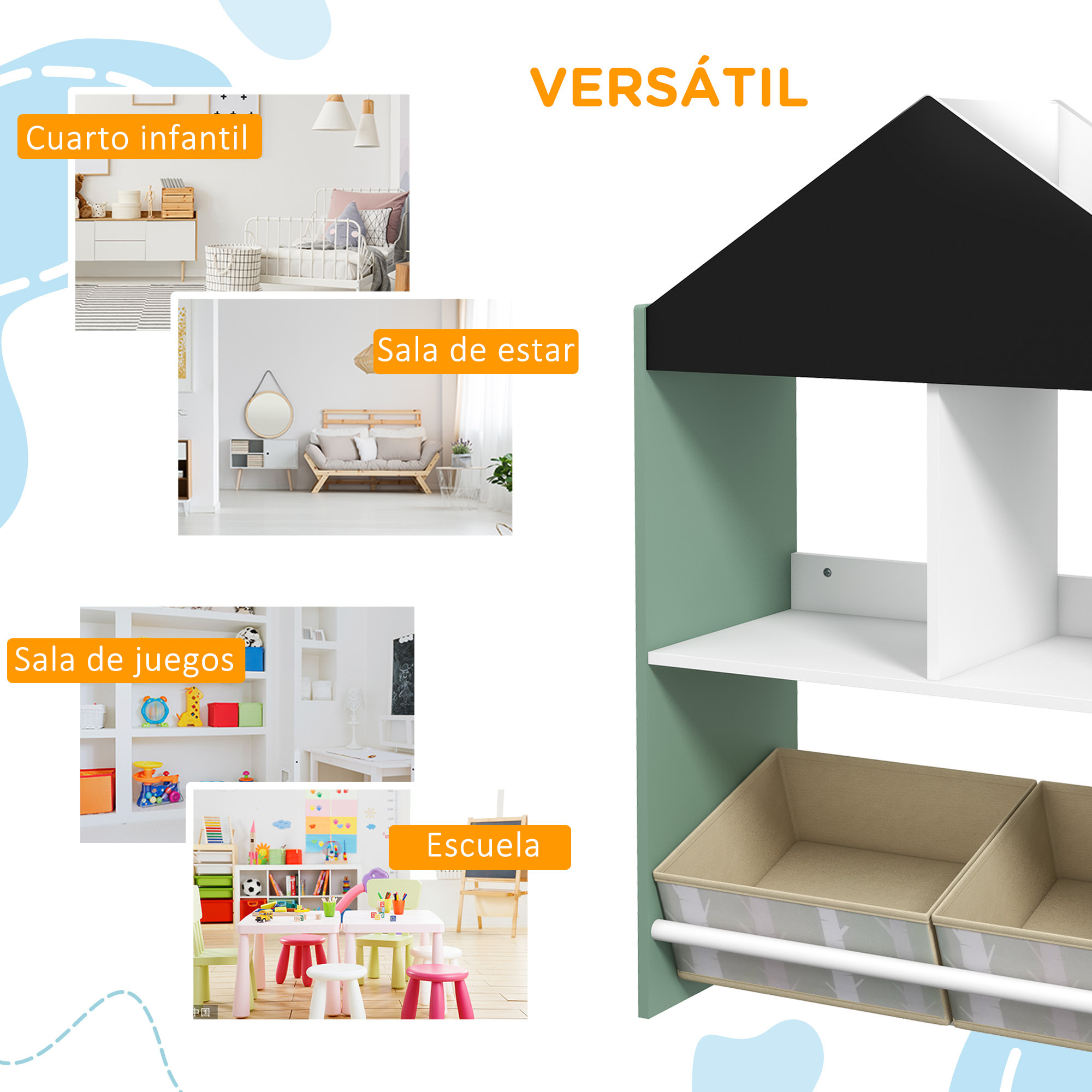 Estantería para Juguetes Organizador Infantil con Estantes Abiertos y 2 Cajas de Tela no Tejida Extraíbles para Sala de Juegos Habitación Guardería 62,4x26,5x90 cm Verde