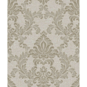 Papier peint baroque médaillon beige fond lin