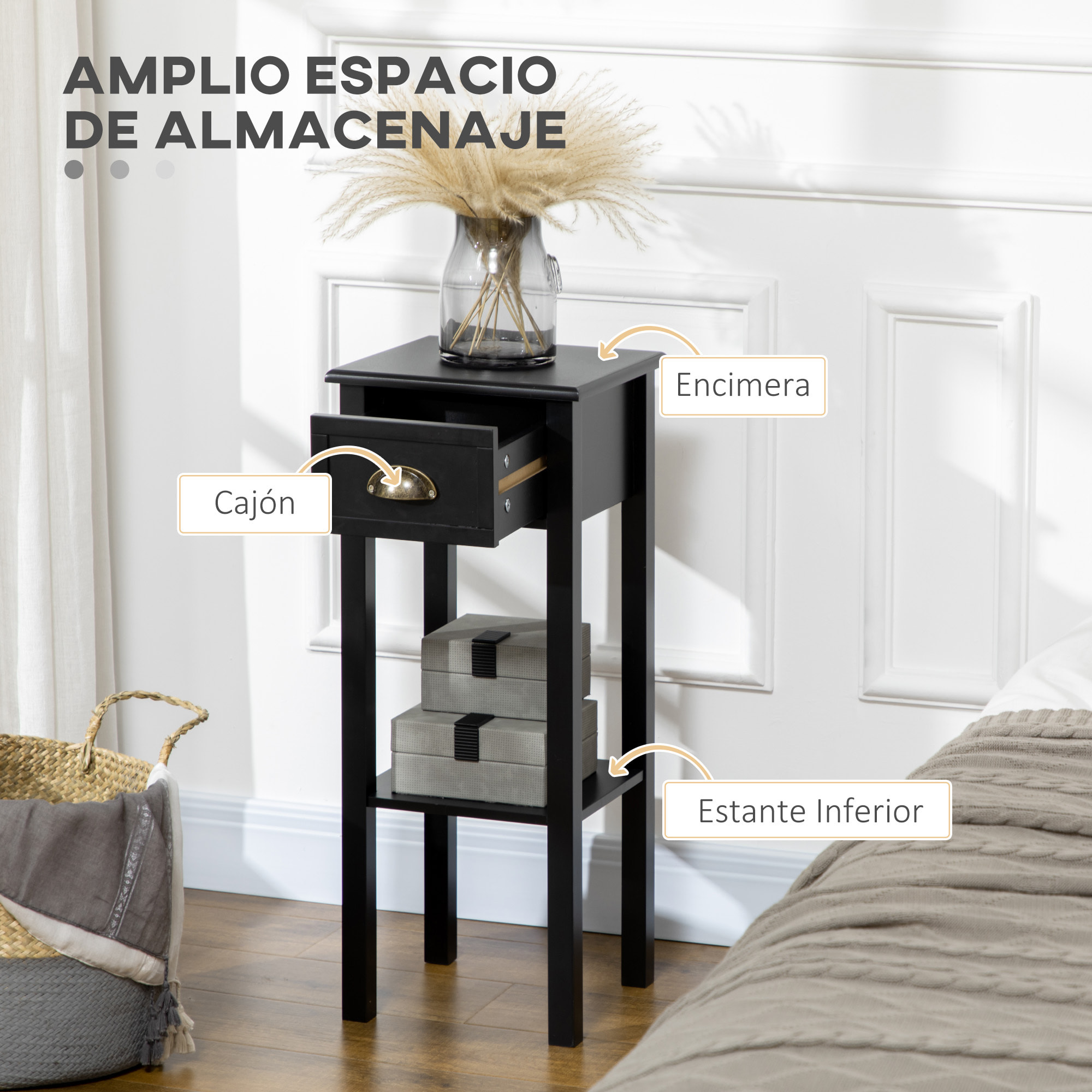 Mesa Auxiliar Estilo Moderno Mesita Auxiliar con Cajón y Estante de Almacenamiento Mesita de Noche para Sala de Estar Dormitorio 30x30x75 cm Negro