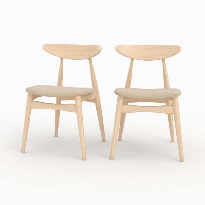 Lot de 2 chaises en tissu beige et bois d'hévéa - Josette