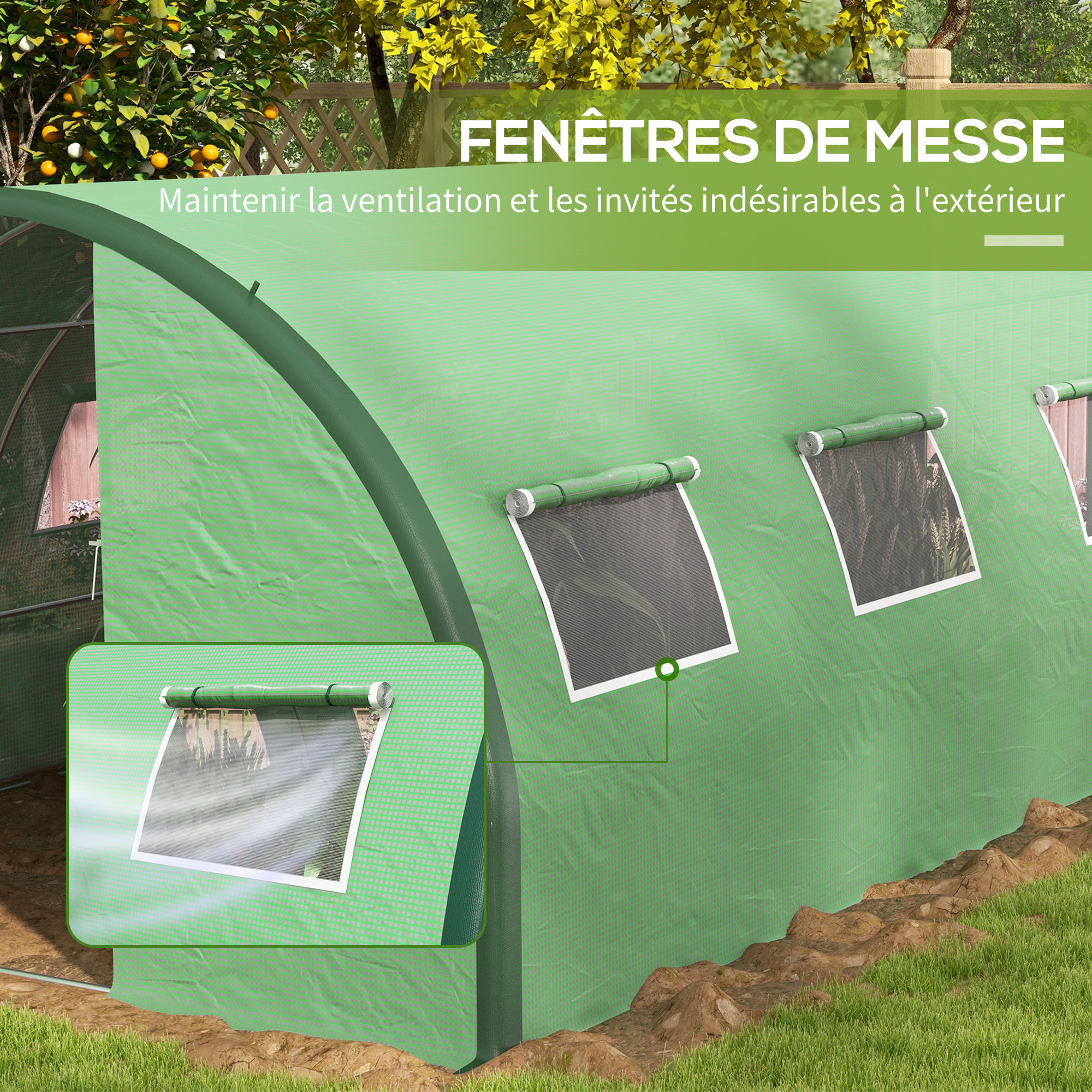 Serre de jardin tunnel 18 m² 8 fenêtres 2 portes articulées acier galvanisé PE haute densité vert