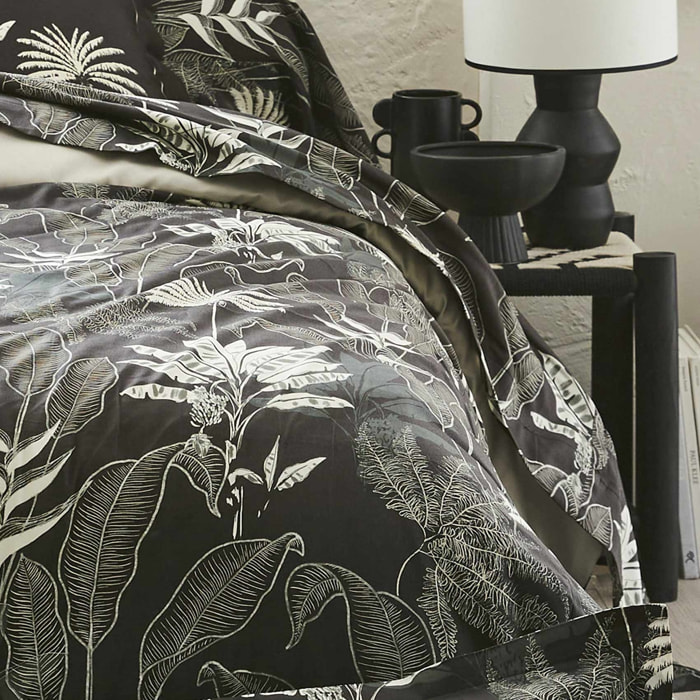 Drap plat en satin aux feuilles tropicales - Gris anthracite