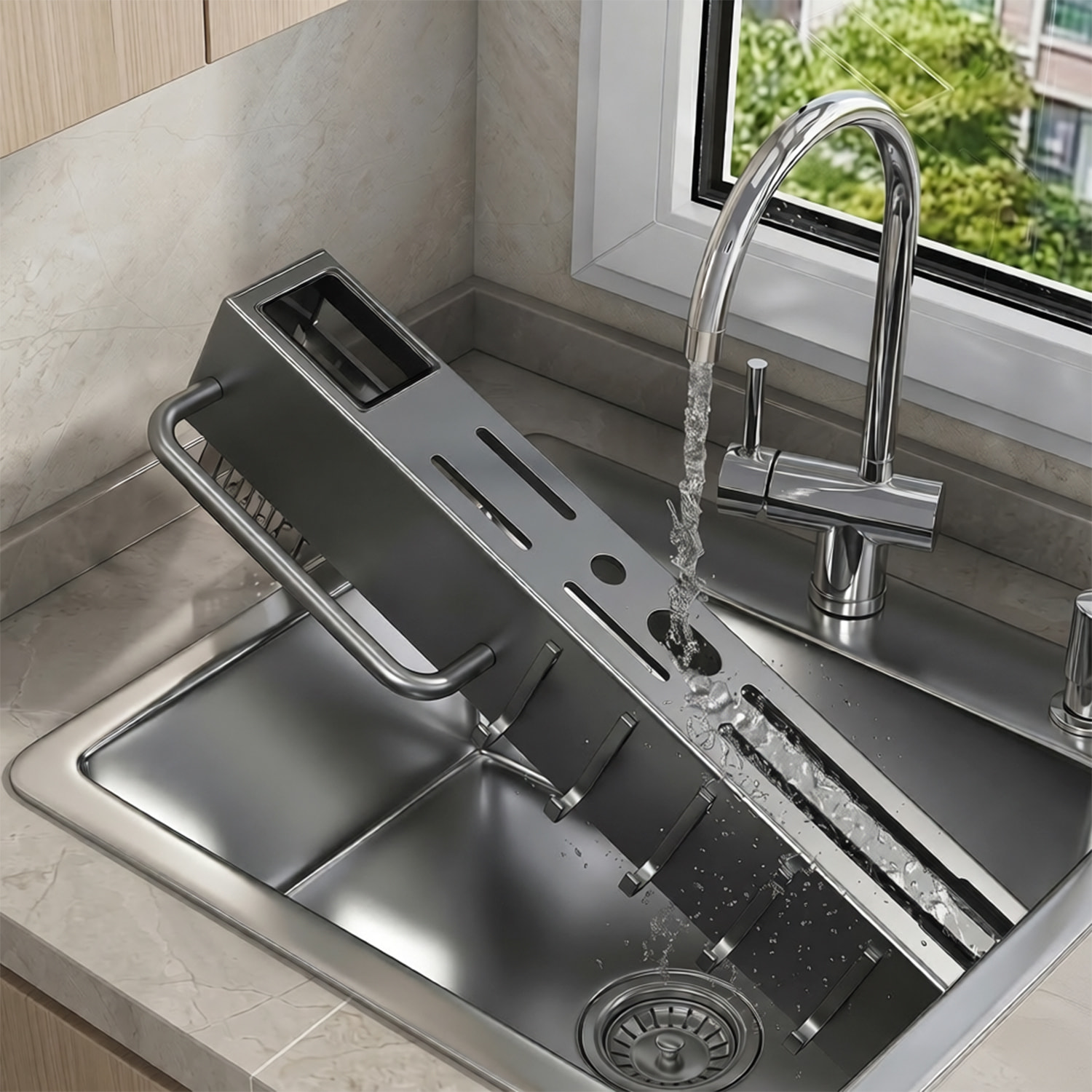 Soporte metálico multifuncional para pared con montaje mediante pegamento o tornillos. Organiza utensilios de cocina de forma práctica, con múltiples compartimentos, ganchos y ranuras para cuchillos.