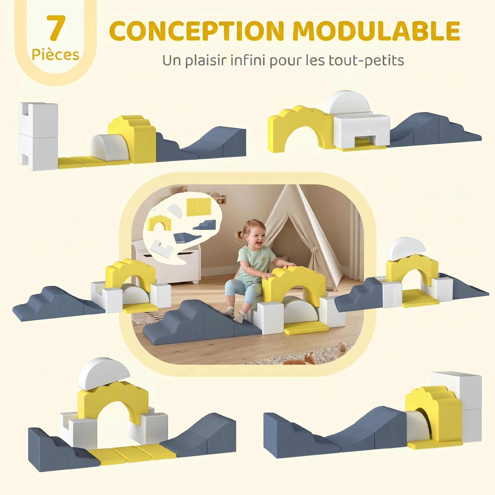 Parcours motricité bébé modulable 7 pièces zippées déhoussables velours multicolore