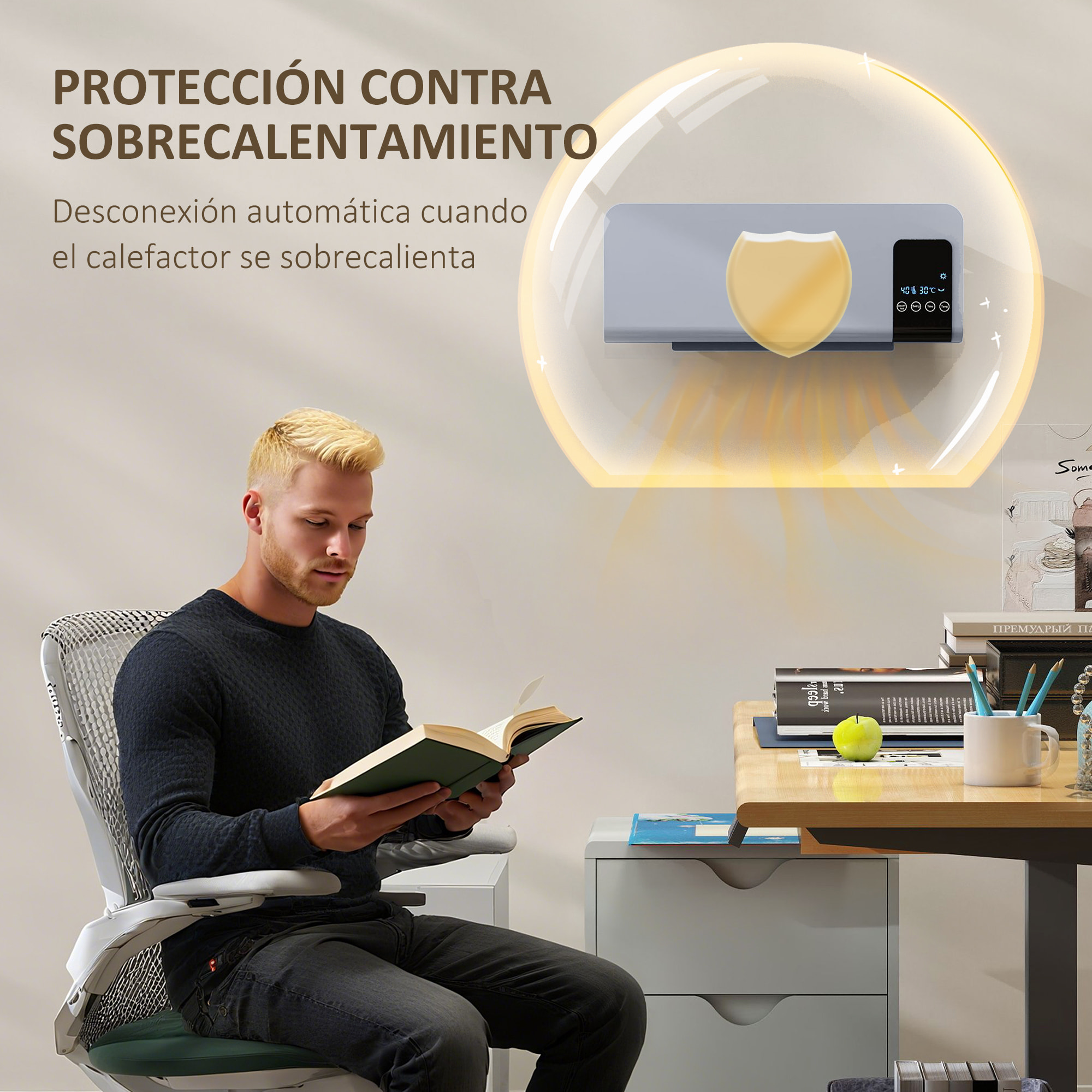 Calefactor Eléctrico Bajo Consumo, 1000W/2000W, Calefactor de Baño de Pared con Función de Oscilación, Pantalla LED, Protección contra Sobrecalentamiento, Temporizador, Mando a Distancia, Gris