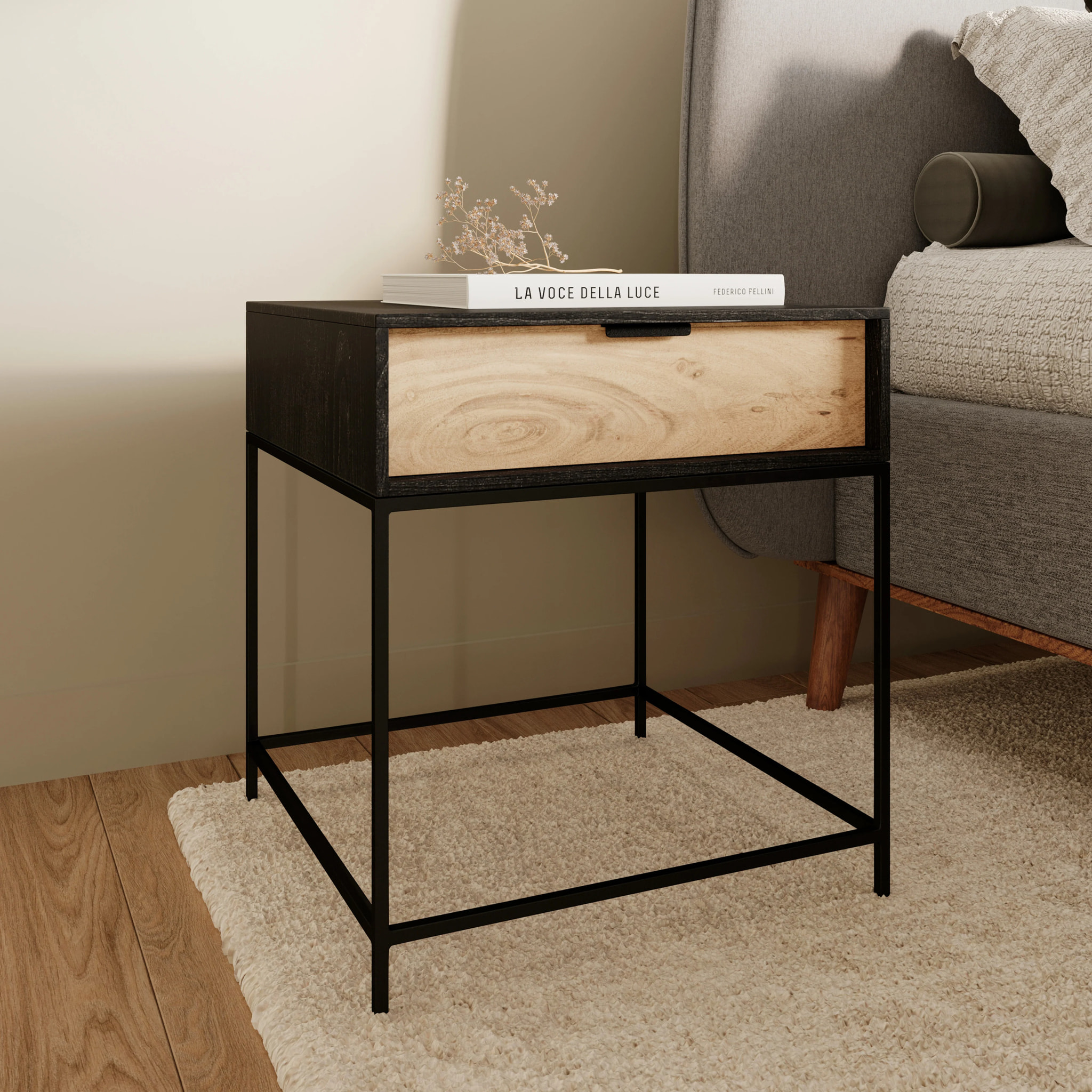 Table de chevet 1 tiroir en bois d'acacia et métal noir - Jakson