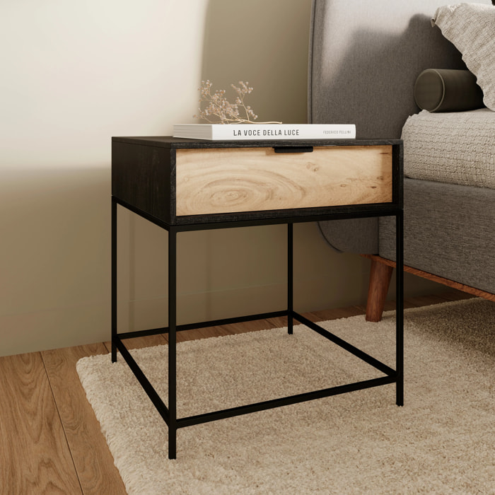 Table de chevet 1 tiroir en bois d'acacia et métal noir - Jakson