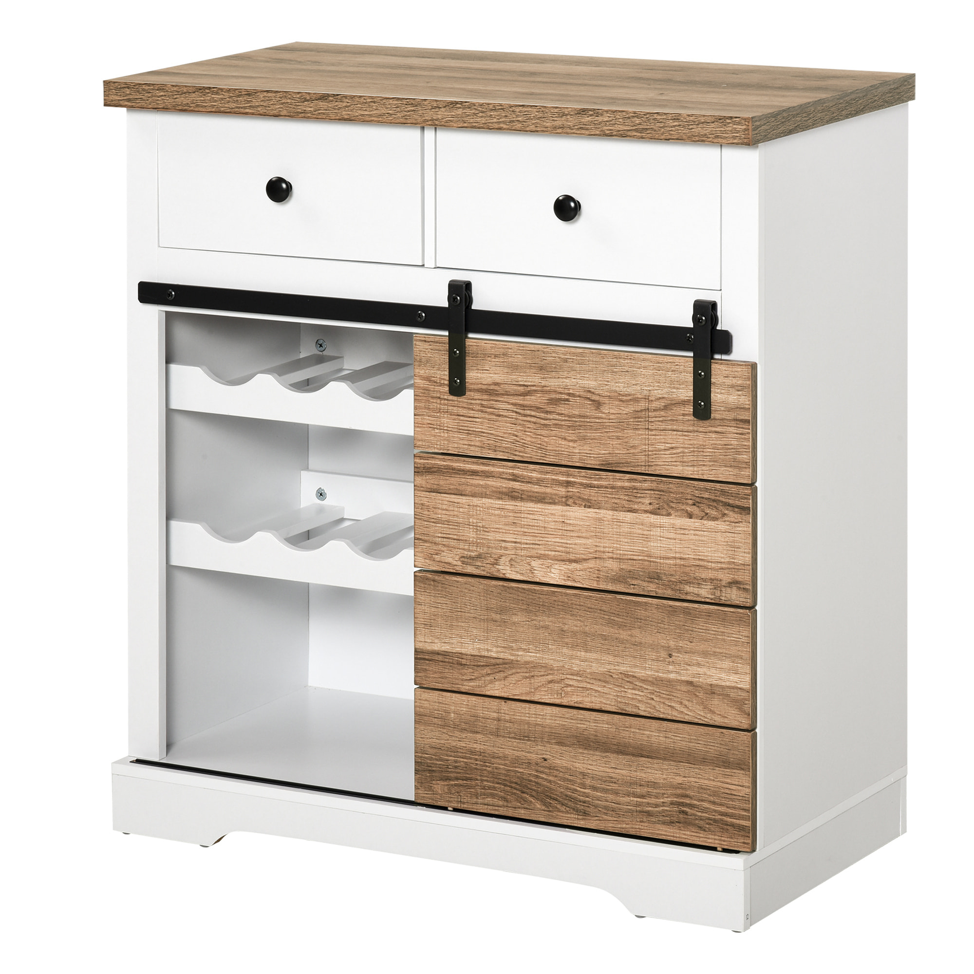 Aparador Armario de Cocina Aparador de Cocina Mueble Botellero para 6 Botellas con Puerta Corredera de Granero y 2 Cajones Estilo Rústico para Salón Comedor 80x39x86 cm Blanco y Natural