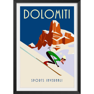 Poster ski et dolomites Affiche + cadre en bois - Noir