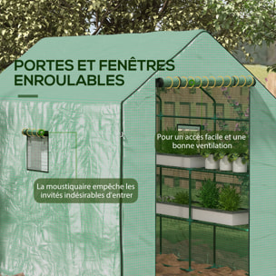 Serre de jardin 6 tablettes dim. 1,4L x 0,73l x 1,9H m porte déroulante fenêtres acier PE haute densité vert