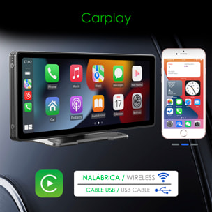 DAM Pantalla táctil B5303R para coche 10,2" HD. Android Auto/Car Play inalámbrico. Bluetooth MP5 con Mirror Link, dashcam frontal + trasera 12 LED. 24,45x2,5x9,8 Cm. Color: Negro