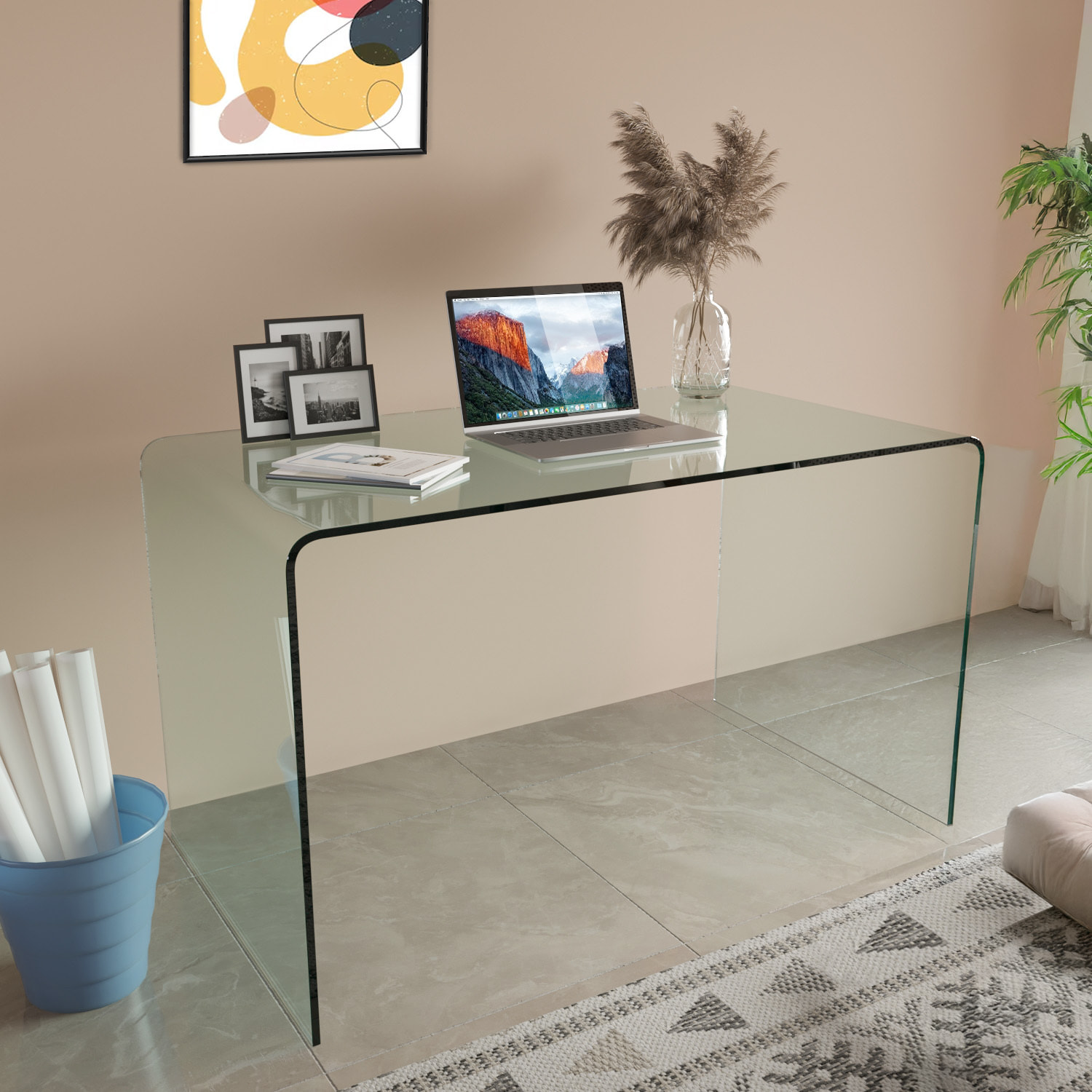 Scrivania Scrittoio da Ufficio in Vetro Curvato - Luxury Z-02 - (126 x 74 x 70 cm) Design curvo e moderno