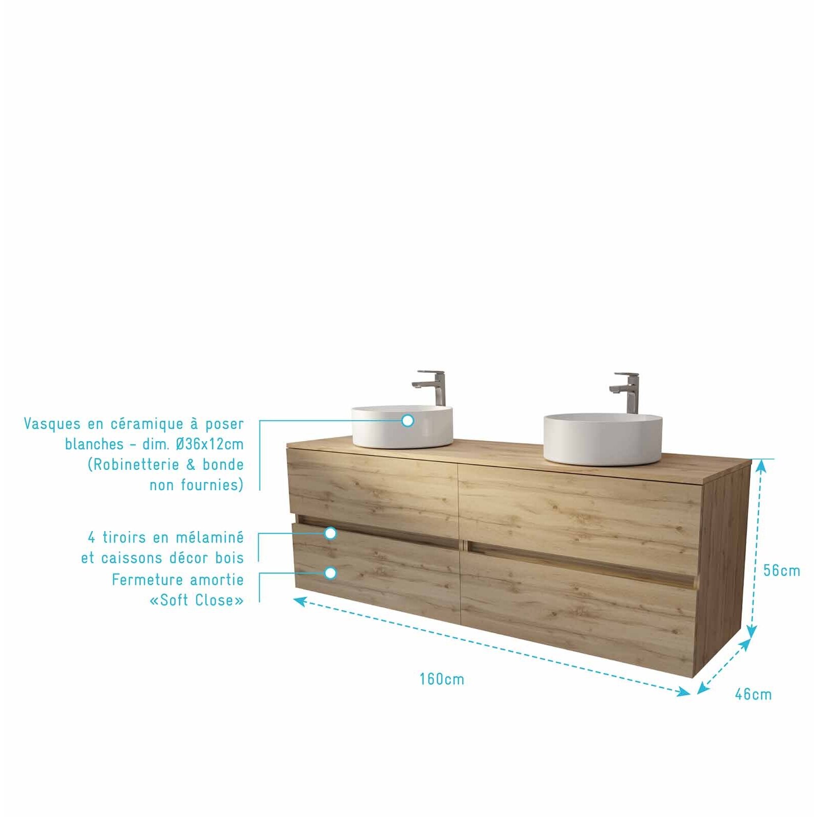 Meuble de salle de bains 160 TIMBER Décor Chêne - 4 Tiroirs - 2 Vasques Rondes Blanches