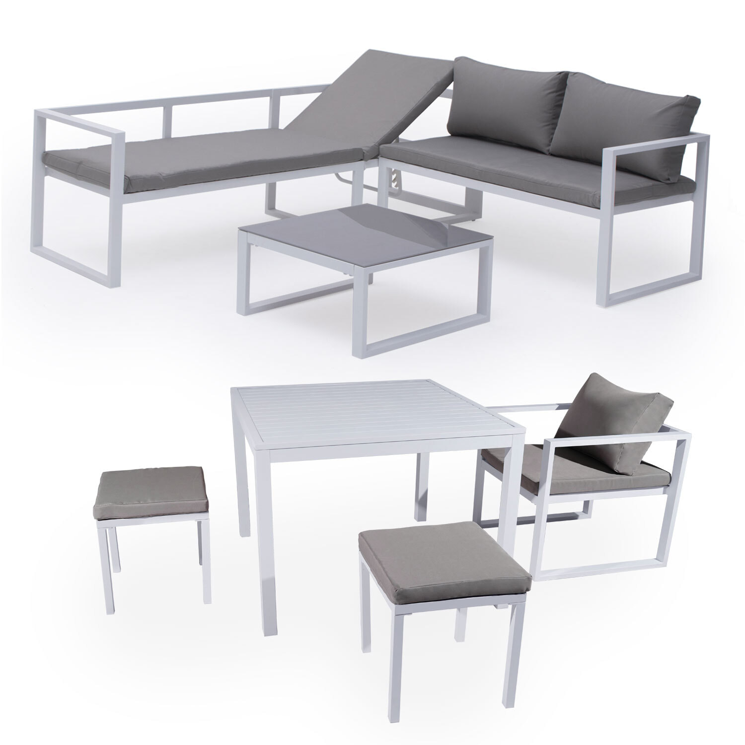 Salon de jardin modulable IBIZA en tissu gris 7 places - aluminium blanc