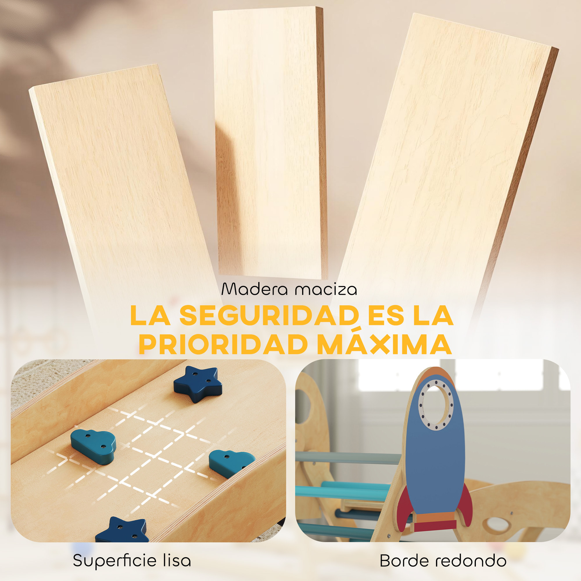 8 en 1 Triángulo de Escalada Montessori, Estructura de Escalada de Madera, Tema de Cohetes, con Arco y Rampa para Deslizarse o Escalar, para Niños de 18-48 Meses, Interiores, Azul