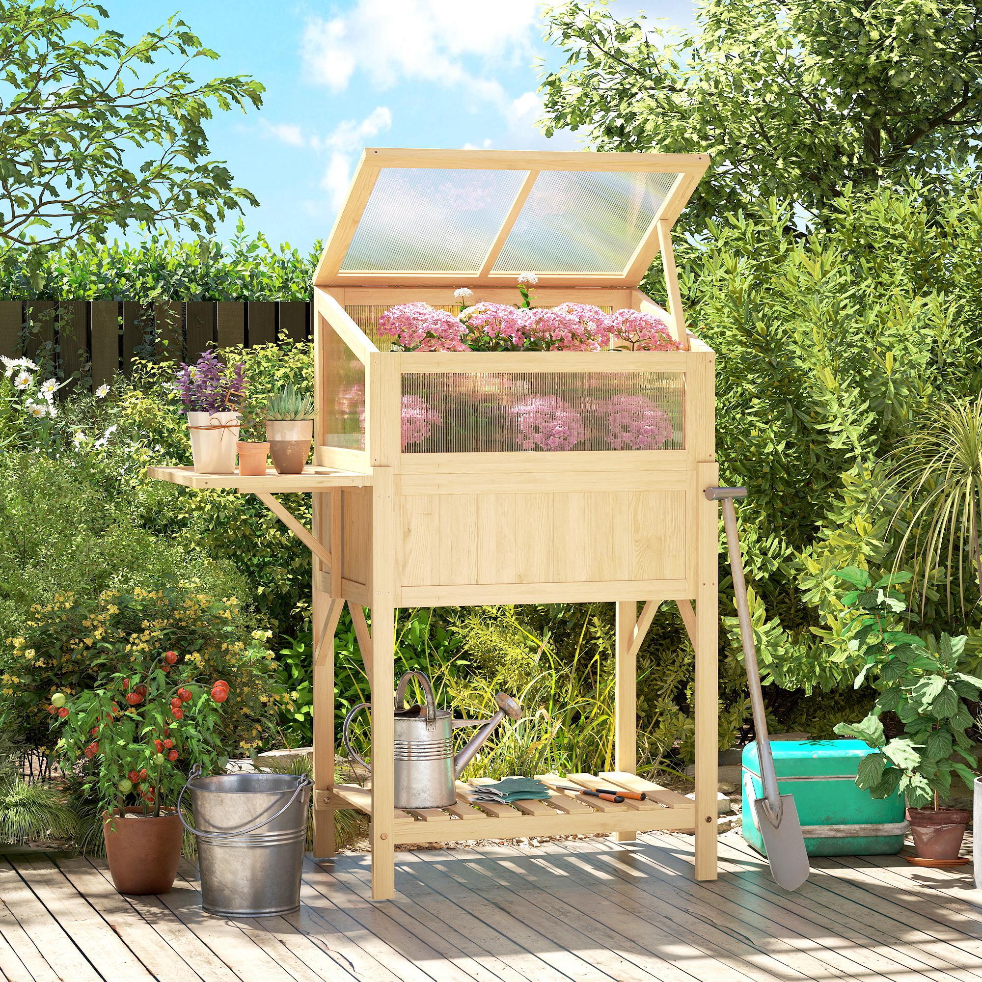 Carré potager sur pieds avec serre en bois naturel