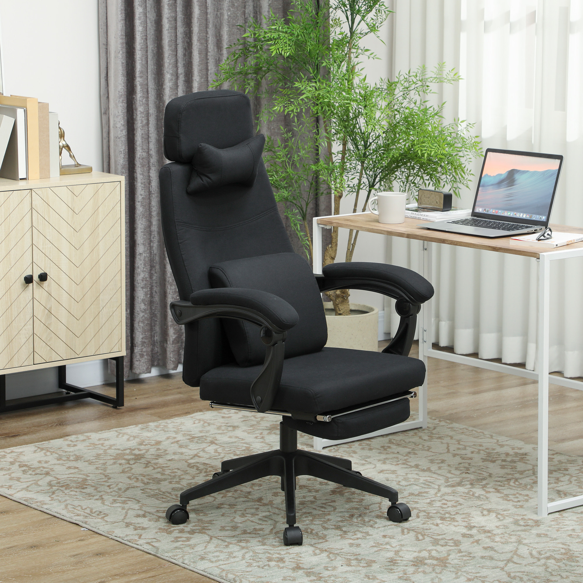 Fauteuil de bureau manager grand confort dossier réglable repose-pied coussin lombaire roulettes 360° lin 62L x 68P x 127H cm noir