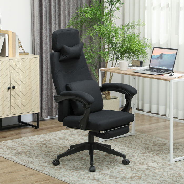 Fauteuil de bureau manager grand confort dossier réglable repose-pied coussin lombaire roulettes 360° lin 62L x 68P x 127H cm noir