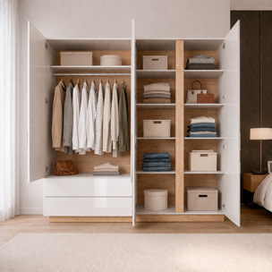 Armadio 4 Ante Con Cassetti Ripiani Guardaroba Moderno Multiuso Camera Da Letto Cameretta 2 Cassetti Salvaspazio 220 x 202.4 x 54 Cm Bianco E Rovere