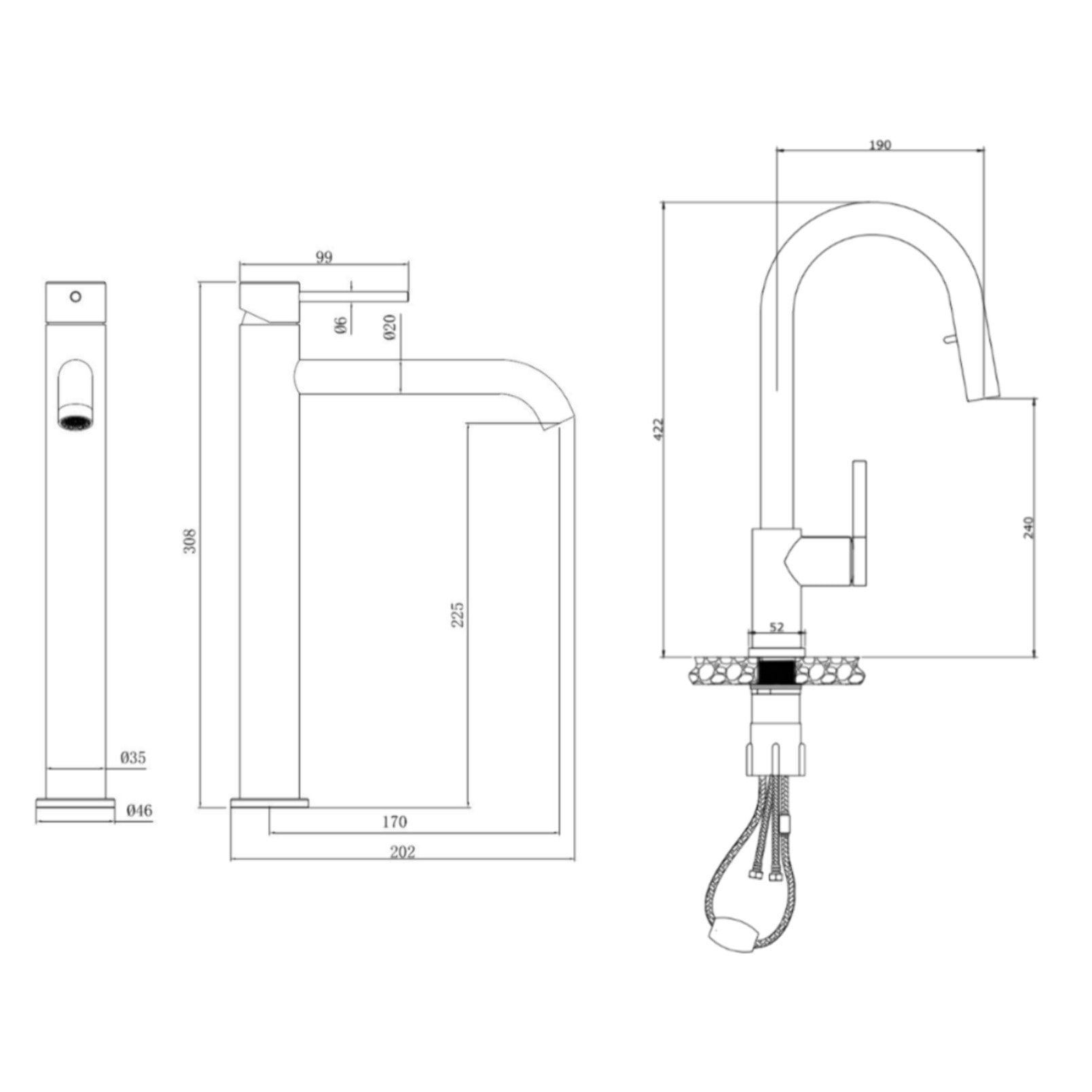 Aurum set mitigeur lavabo haut inox + mitigeur cuisine Ceramia Timeless acier inoxydable, douchette extractible (SATBA285BG)