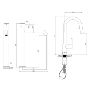 Aurum set mitigeur lavabo haut inox + mitigeur cuisine Ceramia Timeless acier inoxydable, douchette extractible (SATBA285BG)