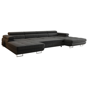 Ayden - Canapé panoramique en U 7 places convertible avec coffre et têtières réglables en tissu - Gris
