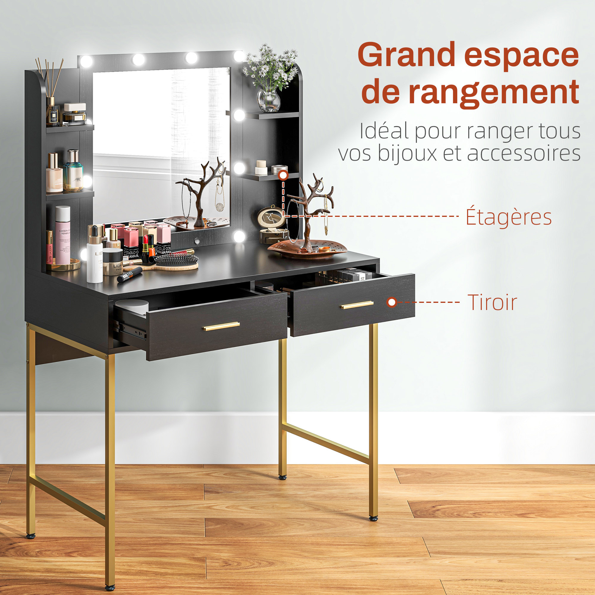 Ensemble coiffeuse miroir LED tabouret style art déco - 2 tiroirs, 4 étagères - acier doré bois noir