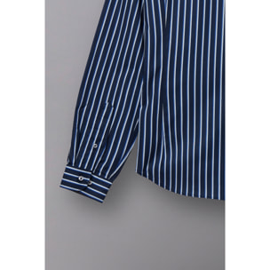 Camicia Uomo Coreano Slim Popeline Riga Larga Blu\Bianco