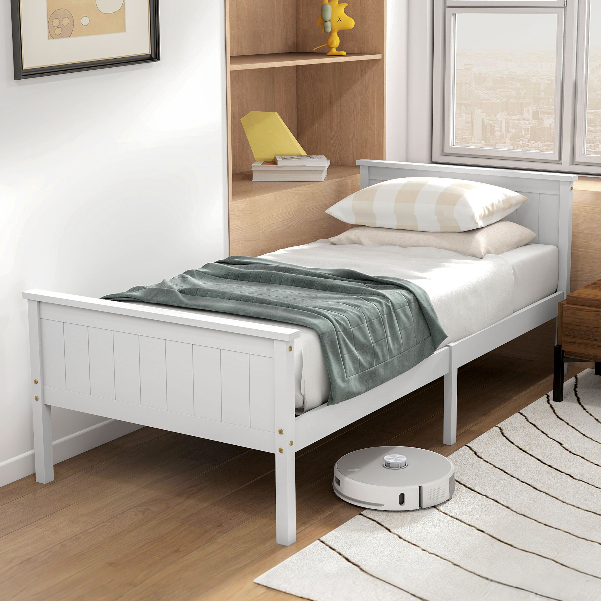 Lit simple bois de pin blanc rainuré - tête de lit, pied de lit et sommier - 210L x 98l x 82H cm - compatible matelas 200L x 140l cm