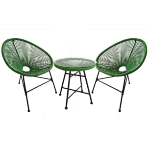 Salon de jardin 2 fauteuils ronds et table basse vert LIO