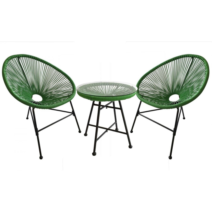 Salon de jardin 2 fauteuils ronds et table basse vert LIO