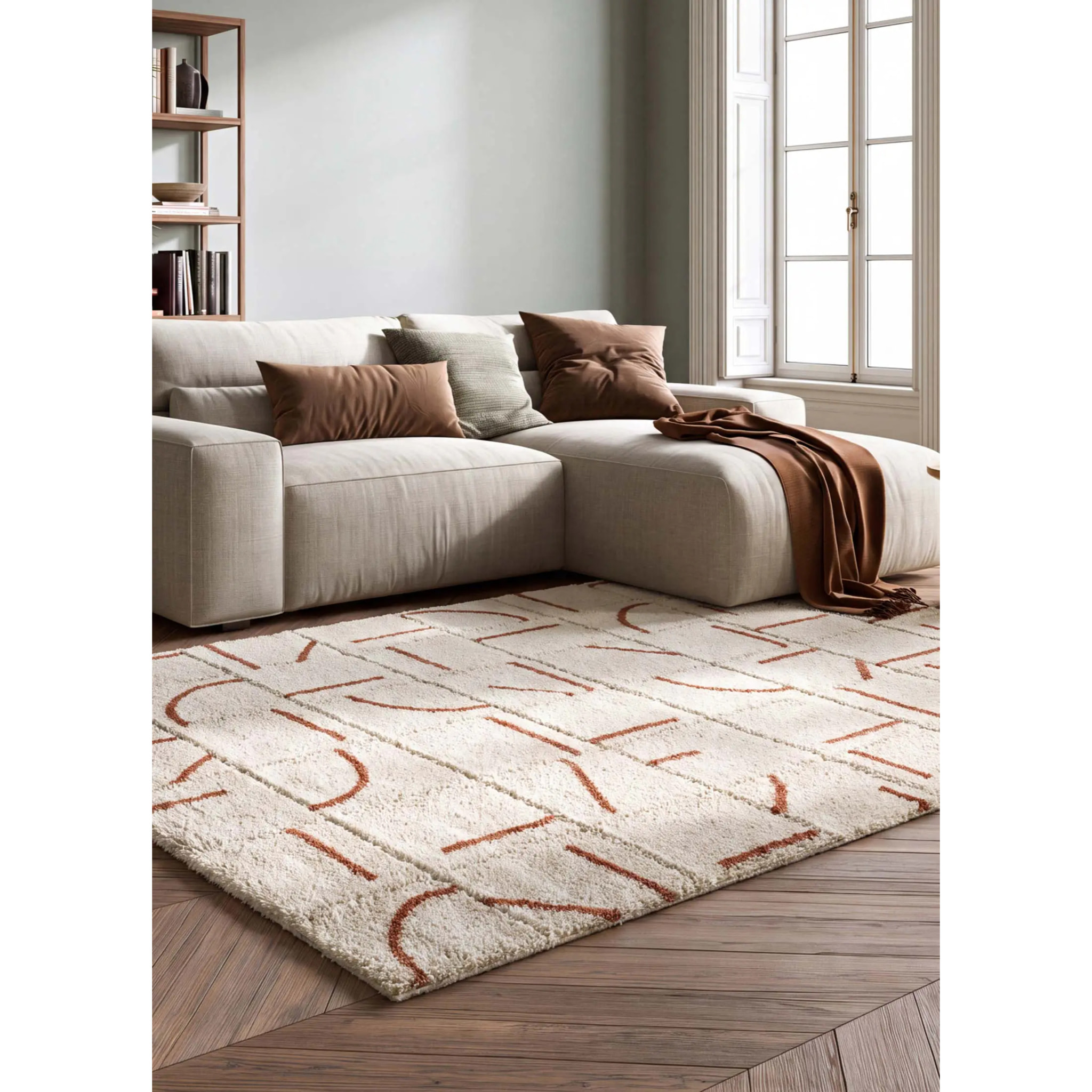BRENDA Alfombra shaggy geométrica con relieve blanco y motivos caldera, varias medidas disponibles