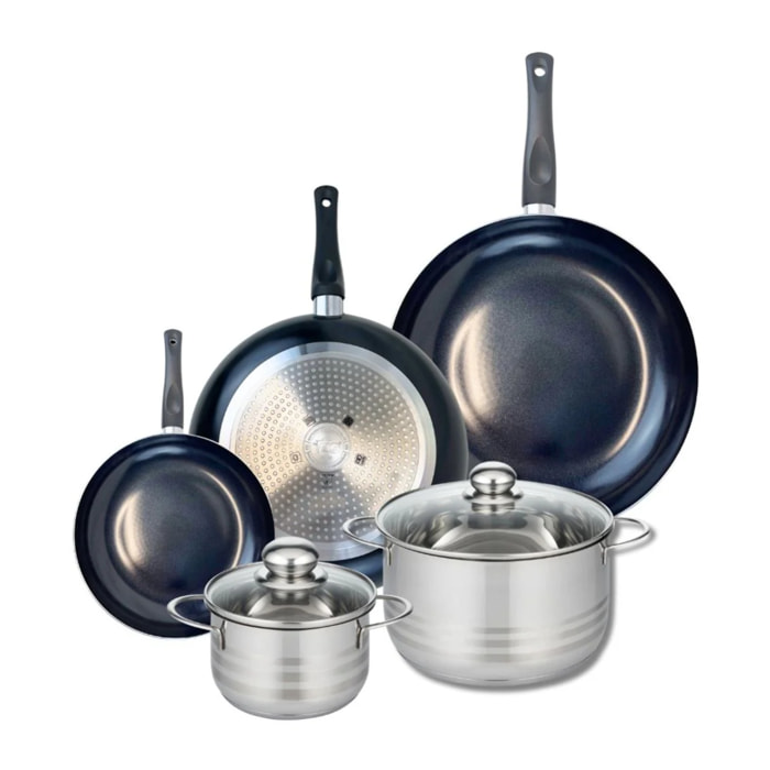 Ensemble de 3 Poêles de cuisson 20, 28 et 32 cm et 2 faitouts 14 et 20 cm Elo Prima Brillant