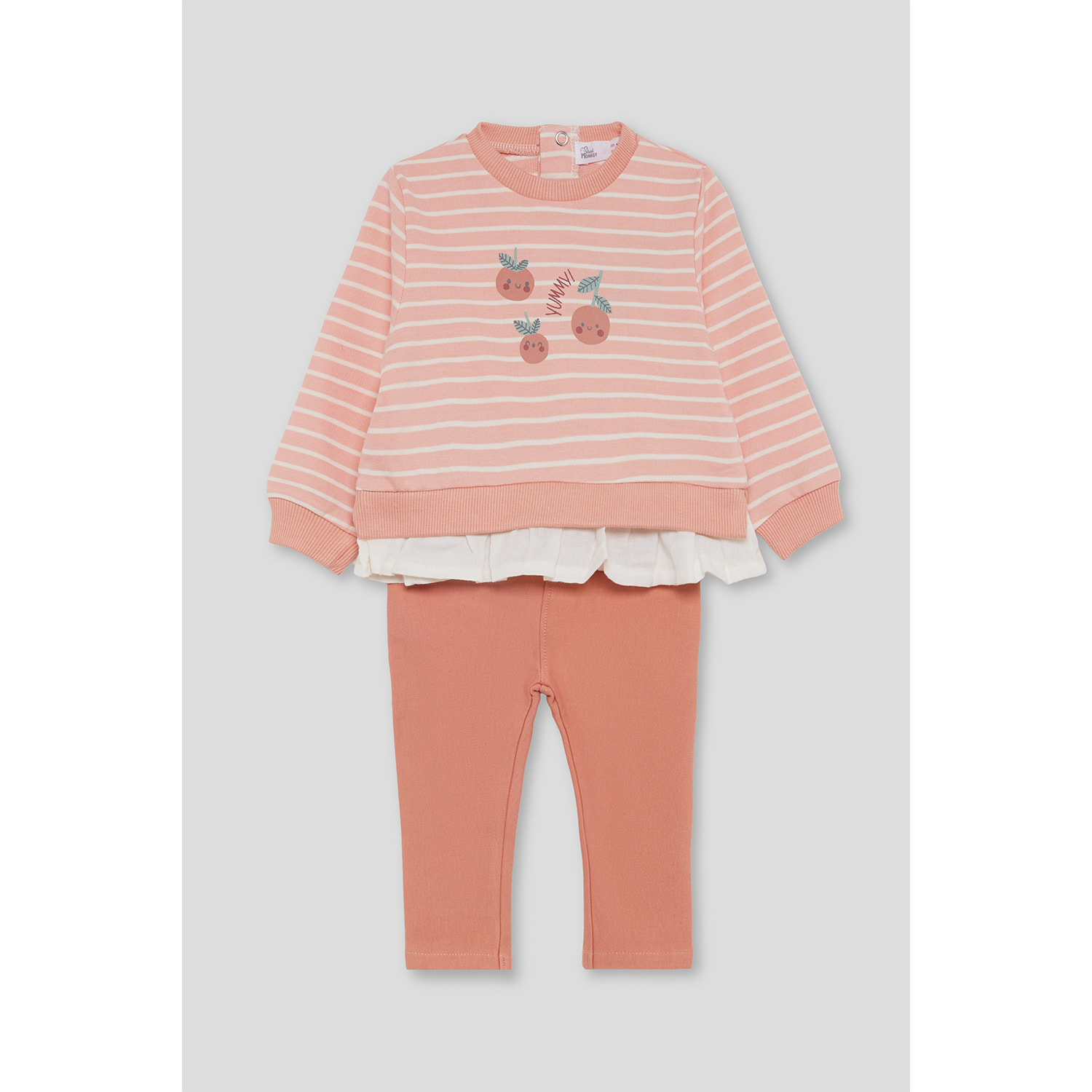 Conjunto niña sudadera de rayas y leggings, detalle de frutas y bajo con volante, cintura elástica | Color: Melocotón | Street Monkey
