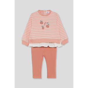 Conjunto niña sudadera de rayas y leggings, detalle de frutas y bajo con volante, cintura elástica | Color: Melocotón | Street Monkey