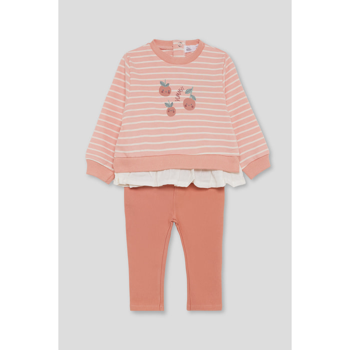 Conjunto niña sudadera de rayas y leggings, detalle de frutas y bajo con volante, cintura elástica | Color: Melocotón | Street Monkey