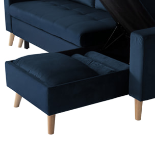 Canapé d'angle convertible JAMES 3 places en velours bleu